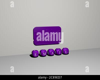 3D-Darstellung von E-Mail mit Symbol an der Wand und Text angeordnet durch metallische kubische Buchstaben auf einem Spiegelboden für Konzept Bedeutung und Diashow-Präsentation. Illustration und Business Stockfoto