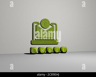 3D-Darstellung von E-Mail mit Symbol an der Wand und Text angeordnet durch metallische kubische Buchstaben auf einem Spiegelboden für Konzept Bedeutung und Diashow-Präsentation. Illustration und Business Stockfoto