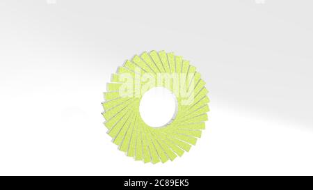 Kreisförmiges Muster an der Wand. 3D-Illustration von metallischen Skulptur auf weißem Hintergrund mit milder Textur. Abstrakt und Kreis Stockfoto