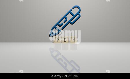 3D-Grafik-Bild des STIFTES vertikal zusammen mit Text von metallischen kubischen Buchstaben aus der oberen Perspektive gebaut, ausgezeichnet für das Konzept Präsentation und Diashows. Illustration und Hintergrund Stockfoto