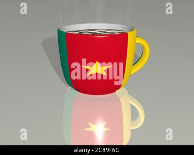 KAMERUN platziert auf einer Tasse heißen Kaffee in einer 3D-Illustration mit realistischen Perspektive und Schatten auf dem Boden gespiegelt Stockfoto