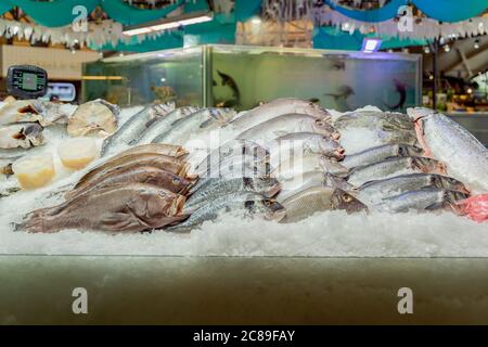 Schaufenster Fischgeschäft, verschiedene Arten von Fischen liegen auf dem Eis. Verkauf von frischem Fisch, Zähler von Meeresfrüchten Markt Stockfoto