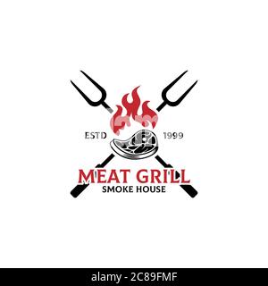 Fleisch Grill Rauch Haus Logo Design-Vorlage, Grill und Bar mit Feuer, Fleisch, Grill Gabel Stock Vektor