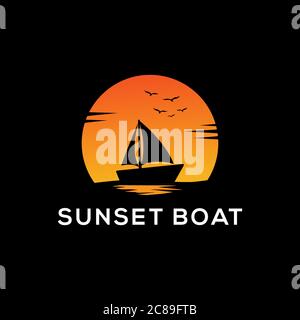 Sunset Boat Silhouette Logo-Design mit dunklen Hintergründen, Segelboot Vektor-Zeichen und Symbol Stock Vektor