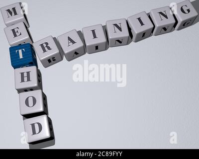 Kombination von Hunden Katzen: Trainingsmethode aus kubischen Buchstaben aus der oberen Perspektive, hervorragend für die Konzeptpräsentation. Fitness und Illustration. 3D-Illustration Stockfoto