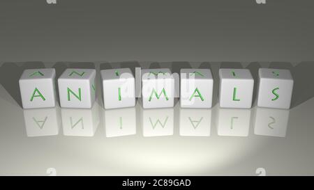 Alphabetische Tiere, angeordnet nach kubischen Buchstaben auf einem Spiegelboden, Konzept Bedeutung und Präsentation in 3D-Perspektive. Illustration und Hintergrund Stockfoto