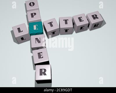 Kombination aus BRIEFÖFFNER aus kubischen Buchstaben aus der oberen Perspektive, hervorragend für die Konzeptpräsentation. Illustration und Design. 3D-Illustration Stockfoto