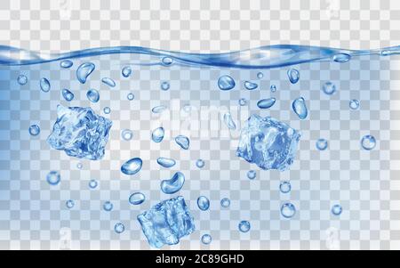 Drei durchscheinende blaue Eiswürfel und viele Luftblasen unter der Wasseroberfläche auf transparentem Hintergrund. Transparenz nur im Vektorformat Stock Vektor