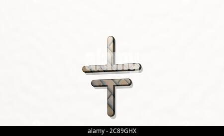 ELEKTRONIK-EINZELZELLE BATTERIE durch 3D-Illustration einer glänzenden Metallskulptur an einer Wand mit hellem Hintergrund. Computer und digital Stockfoto