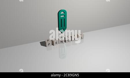 3D-Grafik-Bild von Bleistift vertikal zusammen mit Text von metallischen kubischen Buchstaben aus der oberen Perspektive gebaut, ausgezeichnet für das Konzept Präsentation und Diashows. Illustration und Hintergrund Stockfoto