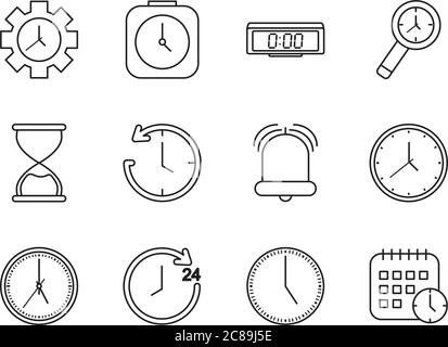 Icon Set von Glocke und Zeit auf weißem Hintergrund, Linienstil, Vektorgrafik Stock Vektor