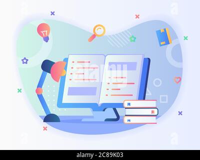 Lernlampe vorne offen Lehrbuch im Computer Bildschirm Lesebuch Konzept mit flachen Stil. Stock Vektor