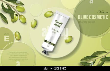 Feuchtigkeitsspendende Hand Creme Glas Produkt Anzeige mit Olivenöl. Kosmetische Plakat mit grünen Oliven und kreisförmigen Scheiben, realistische Röhren. Hautpflege-Konzept Stock Vektor