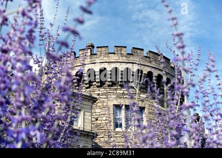 Dublin Castle Record Tower, 13. Jahrhundert. Historisches mittelalterliches Gebäude.Dublin, Republik Irland, Europa, Europäische Union, EU. Nahaufnahme. Stockfoto