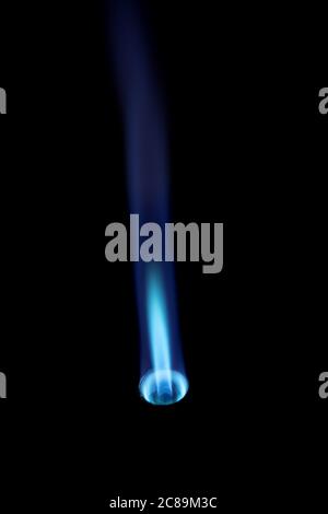 Gasbrenner mit blauer Feuerflamme auf schwarzem Hintergrund Stockfoto