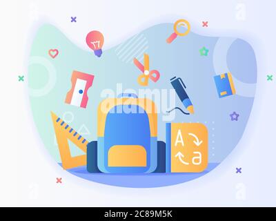 Rucksack und stationäre Icon Set Lineal Spitzer scisor Stift Wörterbuch zurück zur Schule Konzept mit flachen Stil. Stock Vektor