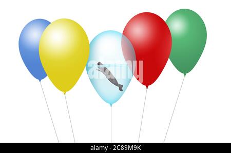 Ein Pottwal ist in einem Ballon zusammen mit anderen Partei Ballons in einer Illustration über die Freigabe Helium Ballons tötet Meeressäuger gesehen. Isoliert Stockfoto