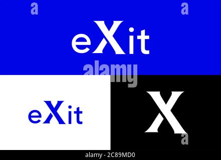 Das Word-Logo-Design für das Beenden von Wörtern.Es werden drei Farben Blau, Weiß und Schwarz verwendet.das Wort X wird als Kreuzzeichen verwendet.X zeigt Warnung an.Schatten wird in Buchstabe X verwendet Stockfoto