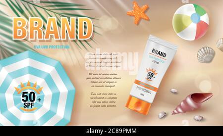 Sonnenschutz, Sonnenschutz und Sonnenschutz-ADS-Design, Draufsicht. Kosmetische Banner mit Muscheln und tropischen Pflanzen am schönen Strand. vektor Stock Vektor
