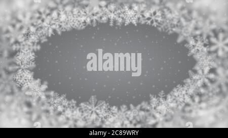 Weihnachtliche Hintergrund von Schneeflocken unterschiedlicher Form, Unschärfe und Transparenz, in einer Ellipse angeordnet, auf grauem Hintergrund Stock Vektor