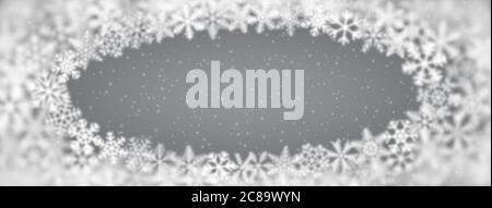 Weihnachtliche Hintergrund von Schneeflocken unterschiedlicher Form, Unschärfe und Transparenz, in einer Ellipse angeordnet, auf grauem Hintergrund Stock Vektor
