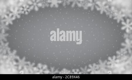 Weihnachtliche Hintergrund von Schneeflocken unterschiedlicher Form, Unschärfe und Transparenz, in einer Ellipse angeordnet, auf grauem Hintergrund Stock Vektor