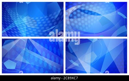 Set aus vier Fußball oder Fußball abstrakten Hintergründe mit großen Ball in blauen Farben Stock Vektor