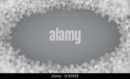 Weihnachtliche Hintergrund von Schneeflocken unterschiedlicher Form, Unschärfe und Transparenz, in einer Ellipse angeordnet, auf grauem Hintergrund Stock Vektor