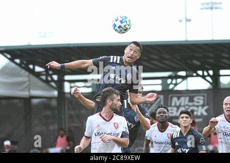 Orlando, Florida, USA. Juli 2020. Sporting Kansas City Spieler macht einen Header während der MLS ist zurück Turnier bei ESPN Wild World of Sports in Orlando Florida USA am Mittwoch, 22. Juli 2020. Bildnachweis: Marty Jean-Louis Stockfoto