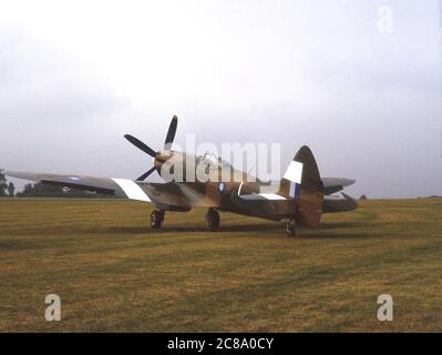 1984, historisch, ein Supermarine Spitfire geparkt auf Gras draußen im Feld, England, Großbritannien. Das berühmteste Flugzeug des 2. Weltkrieges, die Spitfire, ein Kurzstreckentopper mit hoher Leistung, hatte bahnbrechendes Design für seine Zeit und war der Luftwaffe in der historischen Schlacht um Großbritannien überlegen. Sein Name soll von dem Tiernamen stammen, den Sir Robert McLean - der Vorsitzende des Herstellers - für seine junge Tochter Ann hatte, die er "The Little spitfire" nannte. Stockfoto