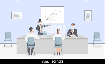 Das Büro der Bank oder der Versicherungsgesellschaft während der Epidemie des Virus: Die Mitarbeiter in den schützenden medizinischen Masken sitzen am Tisch bei der Geschäftssitzung Stock Vektor