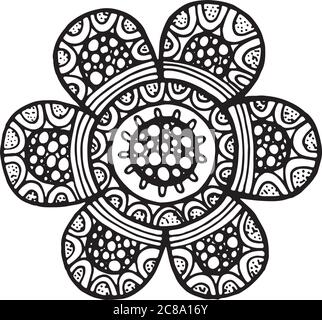 Blume Mandala Vektor isoliertes Element. Floral detaillierte Malvorlagen für Erwachsene. Handgezeichnete Tribal-, Boho- und ethnische Illustration in Doodle und Zentan Stock Vektor