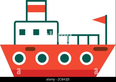 Isolierter flacher Vektor. Passagierschiff mit Flagge - Symbol. Cartoon-touristischen Schiff in rot und weiß Farben. Illustration für Design und Dekoration. Stock Vektor