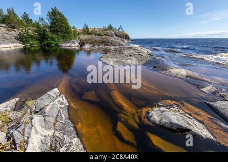 Granitfelsküste und Pinienwald. Stockfoto