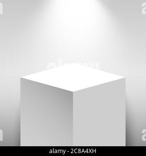 Realistische Podium, 3d-Ausstellungsdisplays. Galerie geometrische leere Produktständer. Scheinwerfer beleuchtet Sockel. Bühnenhintergrund. Vektorgrafik Stock Vektor