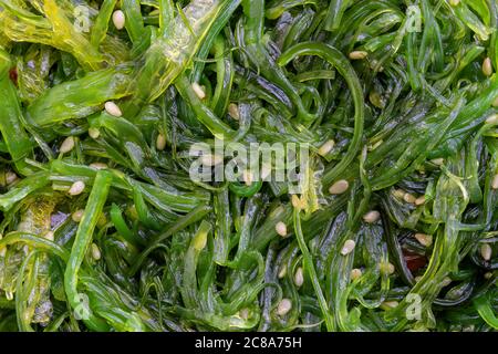 Der Algensalat mit Sesamsamen und rotem Pfeffer im Hintergrund. Draufsicht, Nahaufnahme Stockfoto