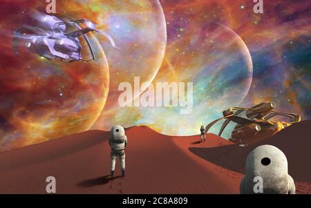 Raumfahrt. Astronauten und Raumschiffe auf einem anderen Planeten Stockfoto