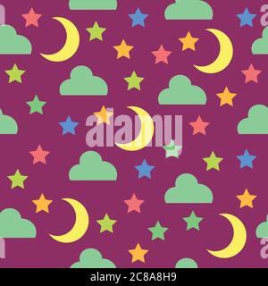 Nahtloses Muster mit Nachthimmel, Mond, Sternen und Wolken auf Viole Stock Vektor