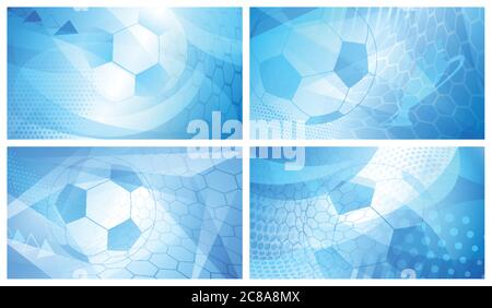Set aus vier Fußball oder Fußball abstrakten Hintergründe mit großen Ball in hellblauen Farben Stock Vektor