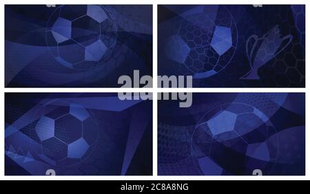 Set aus vier Fußball oder Fußball dunkel abstrakten Hintergründe mit großen Ball in blauen Farben Stock Vektor