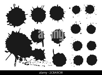 Spritzer und Tropfen sind gesetzt. Verschiedene handgezeichnete schwarze Blobs und Spritzer. Abstrakte Flecken grunge Splatter Texturen. Silhouettenelemente für digitale Pinsel. Kunstdesign. Isolierte Vektordarstellung Stock Vektor