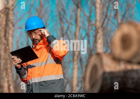 Forsttechniker, der einen digitalen Tablet-Computer in der Waldstruktur verwendet, um während der Entwaldung Daten zu erfassen Stockfoto