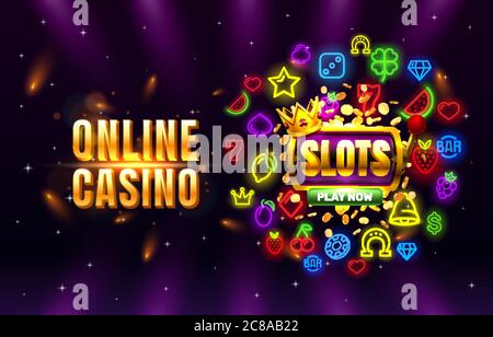 Casino online spielen jetzt Spielautomaten goldene Münzen, Casino slot Zeichen Maschine, Nacht jackpot Vegas. Vektorgrafik Stock Vektor