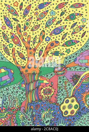 Bunte Illustration mit surrealen Landschaft - Baum, Blume und Himmel Stock Vektor