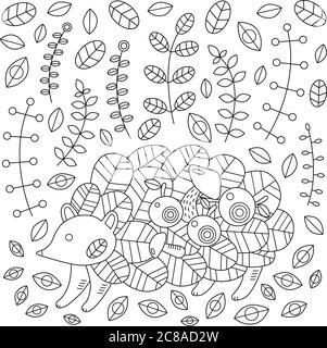 Igel im Herbstwald mit Äpfeln, Blättern, Pilzen. Vektor Stock Vektor