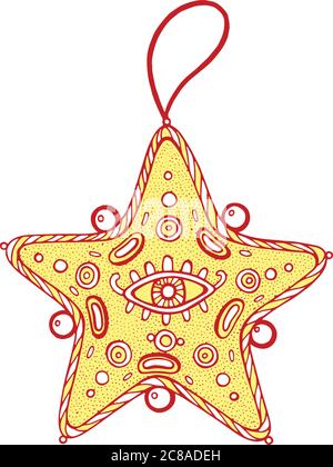 Weihnachtsdekoration für weihnachtsbaum - goldener Stern. Doodle-Illustration Stock Vektor