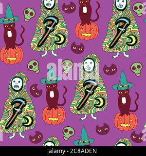 Halloween nahtlose Muster mit Katze, Kürbis, Tod, Schnitter auf violettem Hintergrund. Vektorgrafik Stock Vektor