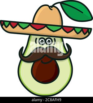 Avocado mit Sombrero Hut und Gesicht mit Schnurrbart Cartoon Charakter isoliert Vektor-Illustration. Gesunde mexikanische Lebensmittel Symbol Stock Vektor