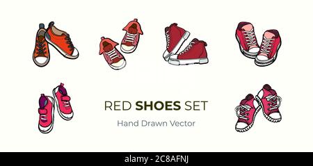 Sneaker Schuhe Paare isoliert. Handgezeichnete Vektor-Illustration Satz von roten Schuhen. Sportstiefel handgezeichnet für Logo, Poster, Postkarte, Modeheft Stock Vektor