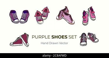 Sneaker Schuhe Paare isoliert. Handgezeichnete Vektor-Illustration Set von rosa Schuhe. Sportstiefel handgezeichnet für Logo, Poster, Postkarte, Modeheft Stock Vektor